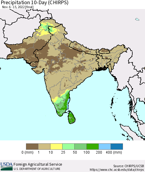 Southern Asia Precipitation 10-Day (CHIRPS) Thematic Map For 11/6/2022 - 11/15/2022