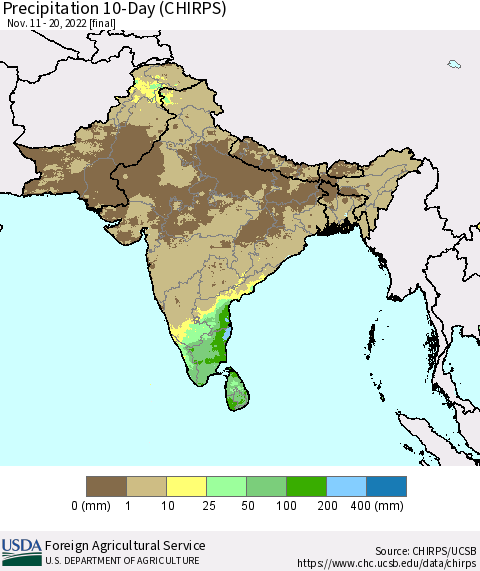 Southern Asia Precipitation 10-Day (CHIRPS) Thematic Map For 11/11/2022 - 11/20/2022