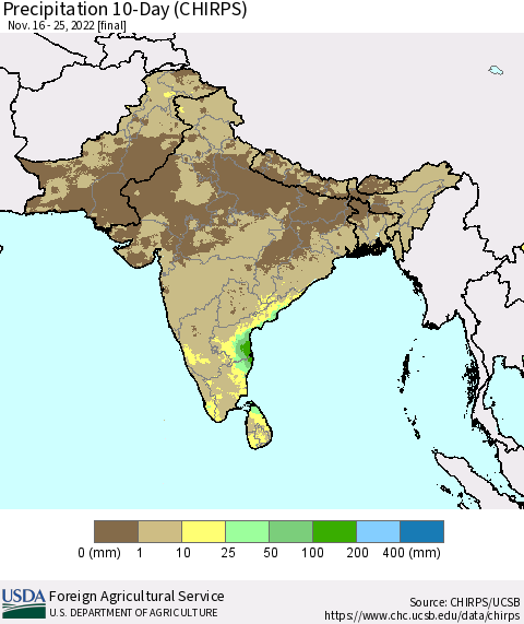Southern Asia Precipitation 10-Day (CHIRPS) Thematic Map For 11/16/2022 - 11/25/2022
