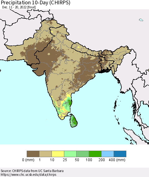 Southern Asia Precipitation 10-Day (CHIRPS) Thematic Map For 12/11/2022 - 12/20/2022