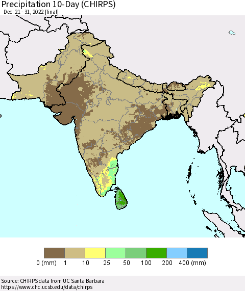 Southern Asia Precipitation 10-Day (CHIRPS) Thematic Map For 12/21/2022 - 12/31/2022