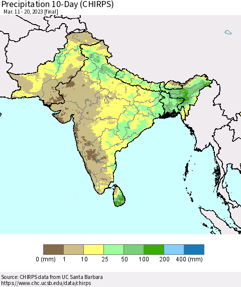 Southern Asia Precipitation 10-Day (CHIRPS) Thematic Map For 3/11/2023 - 3/20/2023