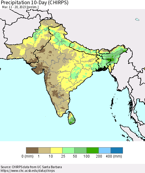 Southern Asia Precipitation 10-Day (CHIRPS) Thematic Map For 3/11/2023 - 3/20/2023