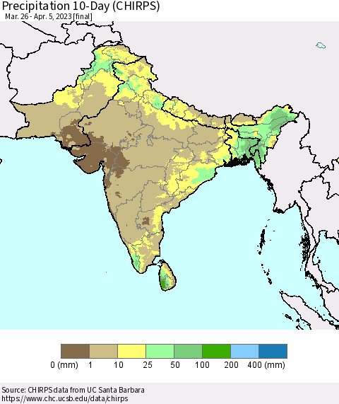 Southern Asia Precipitation 10-Day (CHIRPS) Thematic Map For 3/26/2023 - 4/5/2023