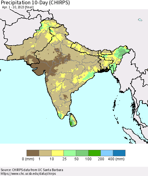 Southern Asia Precipitation 10-Day (CHIRPS) Thematic Map For 4/1/2023 - 4/10/2023