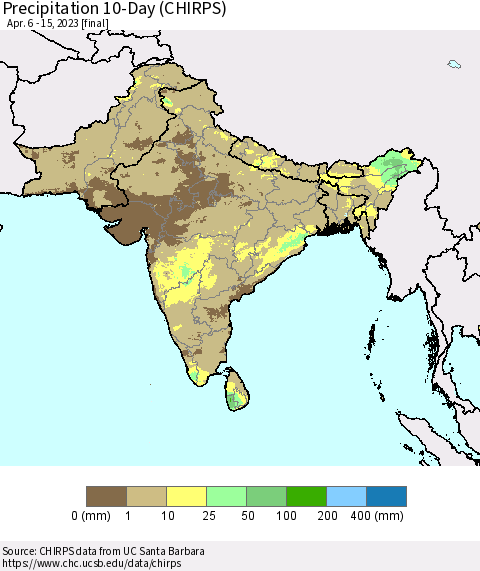 Southern Asia Precipitation 10-Day (CHIRPS) Thematic Map For 4/6/2023 - 4/15/2023