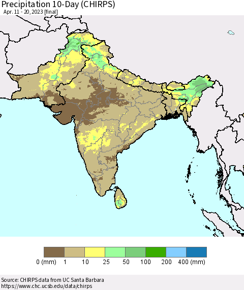Southern Asia Precipitation 10-Day (CHIRPS) Thematic Map For 4/11/2023 - 4/20/2023
