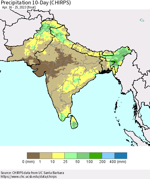 Southern Asia Precipitation 10-Day (CHIRPS) Thematic Map For 4/16/2023 - 4/25/2023