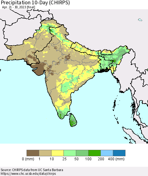 Southern Asia Precipitation 10-Day (CHIRPS) Thematic Map For 4/21/2023 - 4/30/2023