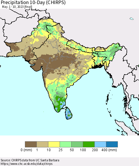 Southern Asia Precipitation 10-Day (CHIRPS) Thematic Map For 5/1/2023 - 5/10/2023