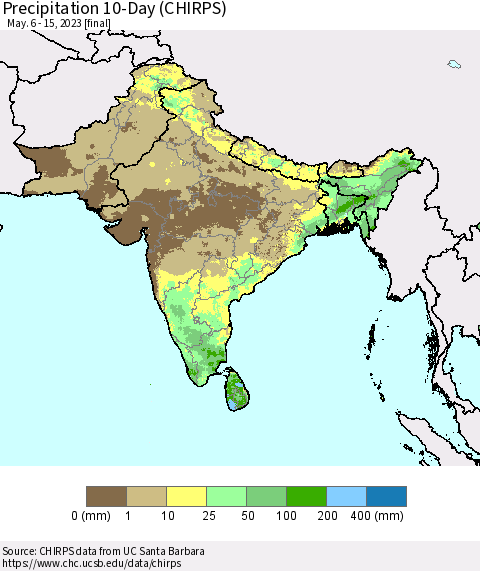 Southern Asia Precipitation 10-Day (CHIRPS) Thematic Map For 5/6/2023 - 5/15/2023