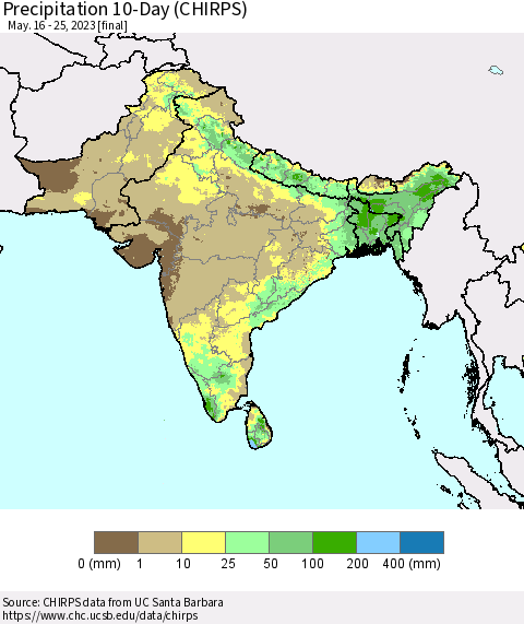Southern Asia Precipitation 10-Day (CHIRPS) Thematic Map For 5/16/2023 - 5/25/2023