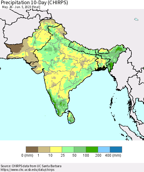 Southern Asia Precipitation 10-Day (CHIRPS) Thematic Map For 5/26/2023 - 6/5/2023