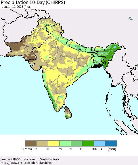 Southern Asia Precipitation 10-Day (CHIRPS) Thematic Map For 6/1/2023 - 6/10/2023