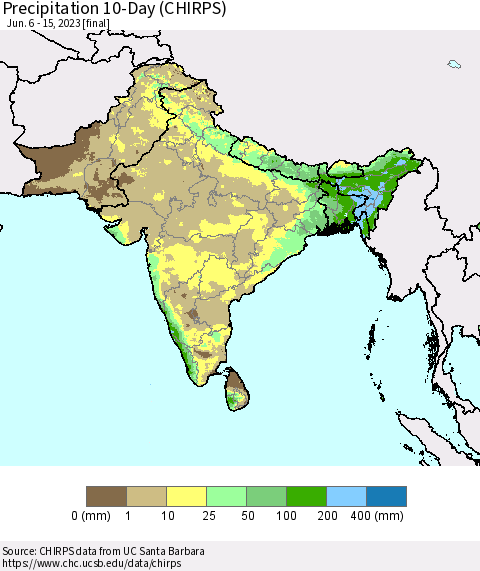 Southern Asia Precipitation 10-Day (CHIRPS) Thematic Map For 6/6/2023 - 6/15/2023
