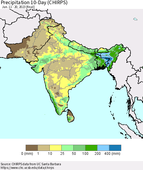 Southern Asia Precipitation 10-Day (CHIRPS) Thematic Map For 6/11/2023 - 6/20/2023