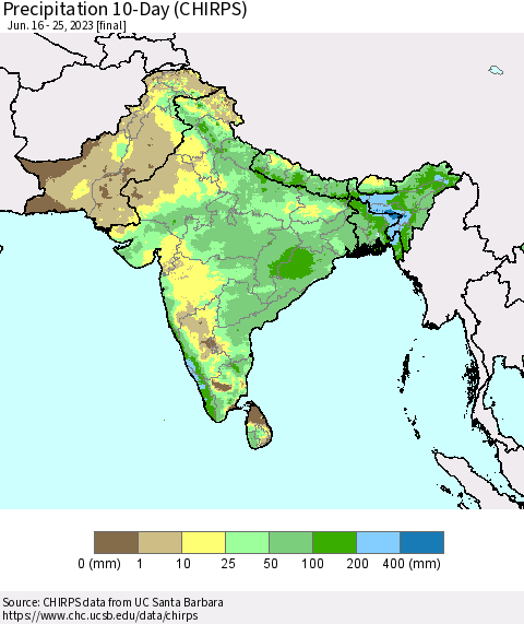 Southern Asia Precipitation 10-Day (CHIRPS) Thematic Map For 6/16/2023 - 6/25/2023