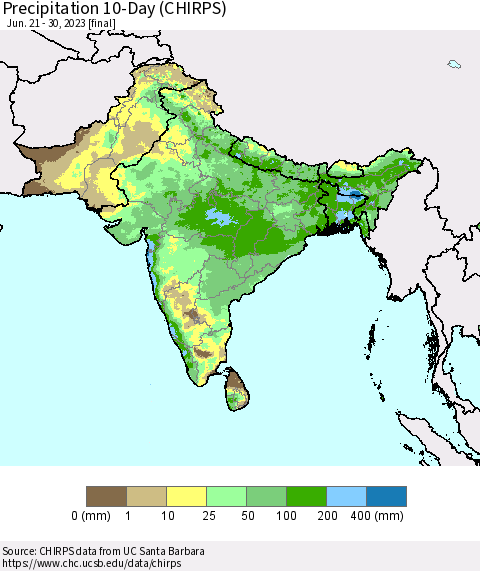 Southern Asia Precipitation 10-Day (CHIRPS) Thematic Map For 6/21/2023 - 6/30/2023
