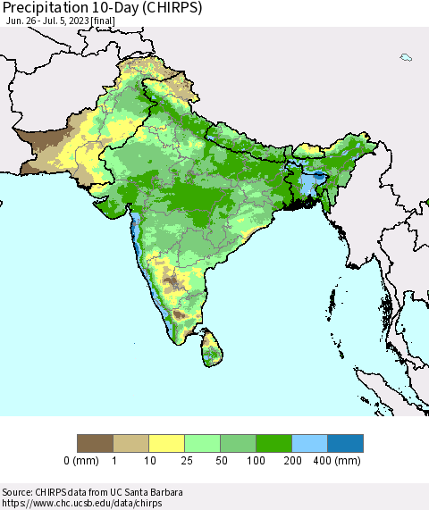 Southern Asia Precipitation 10-Day (CHIRPS) Thematic Map For 6/26/2023 - 7/5/2023