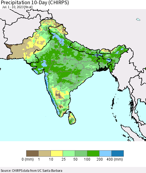 Southern Asia Precipitation 10-Day (CHIRPS) Thematic Map For 7/1/2023 - 7/10/2023