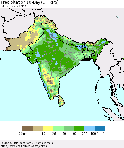 Southern Asia Precipitation 10-Day (CHIRPS) Thematic Map For 7/6/2023 - 7/15/2023