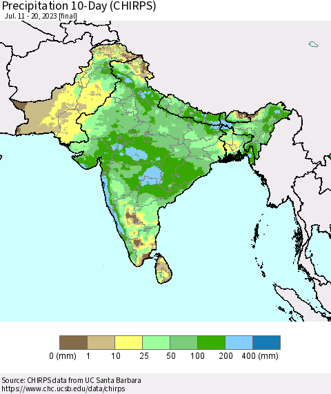 Southern Asia Precipitation 10-Day (CHIRPS) Thematic Map For 7/11/2023 - 7/20/2023