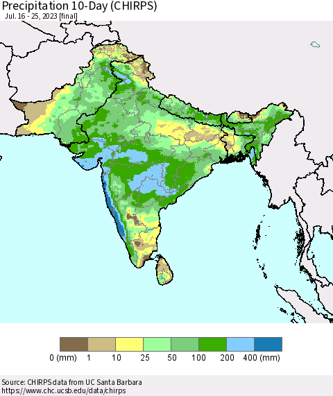 Southern Asia Precipitation 10-Day (CHIRPS) Thematic Map For 7/16/2023 - 7/25/2023