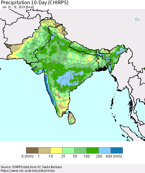 Southern Asia Precipitation 10-Day (CHIRPS) Thematic Map For 7/21/2023 - 7/31/2023