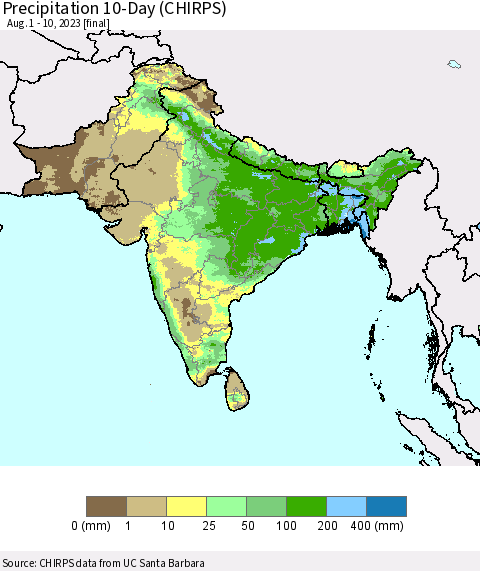Southern Asia Precipitation 10-Day (CHIRPS) Thematic Map For 8/1/2023 - 8/10/2023