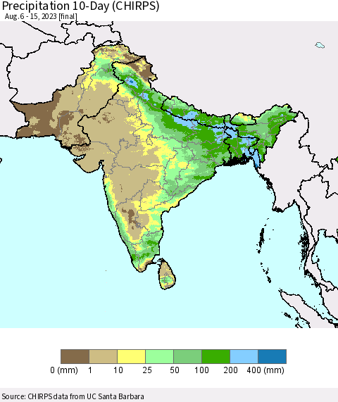 Southern Asia Precipitation 10-Day (CHIRPS) Thematic Map For 8/6/2023 - 8/15/2023