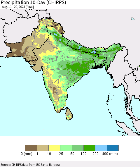 Southern Asia Precipitation 10-Day (CHIRPS) Thematic Map For 8/11/2023 - 8/20/2023