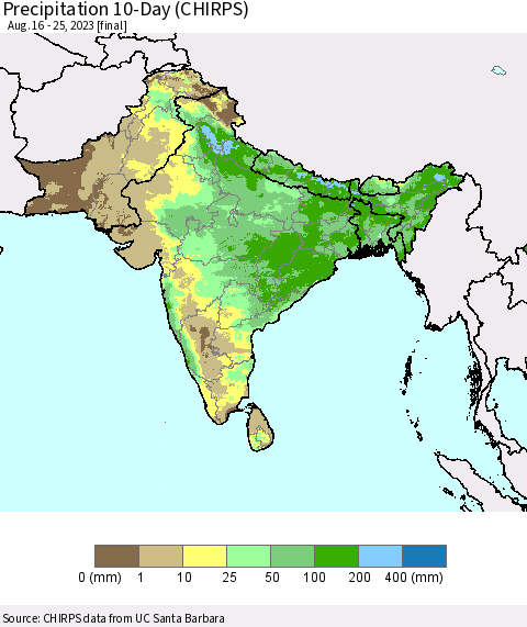 Southern Asia Precipitation 10-Day (CHIRPS) Thematic Map For 8/16/2023 - 8/25/2023