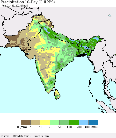 Southern Asia Precipitation 10-Day (CHIRPS) Thematic Map For 8/21/2023 - 8/31/2023