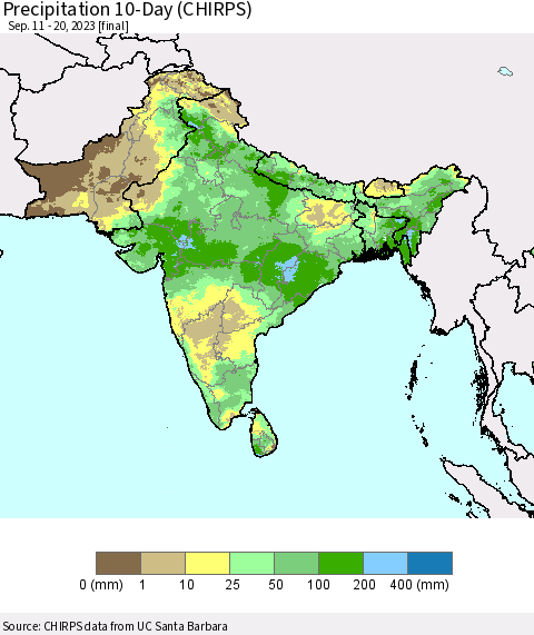 Southern Asia Precipitation 10-Day (CHIRPS) Thematic Map For 9/11/2023 - 9/20/2023