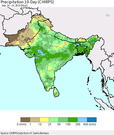 Southern Asia Precipitation 10-Day (CHIRPS) Thematic Map For 9/16/2023 - 9/25/2023