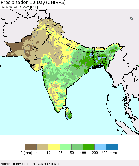 Southern Asia Precipitation 10-Day (CHIRPS) Thematic Map For 9/26/2023 - 10/5/2023