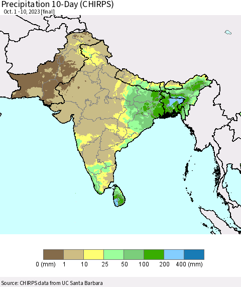 Southern Asia Precipitation 10-Day (CHIRPS) Thematic Map For 10/1/2023 - 10/10/2023