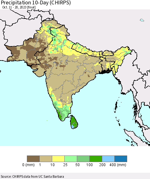 Southern Asia Precipitation 10-Day (CHIRPS) Thematic Map For 10/11/2023 - 10/20/2023
