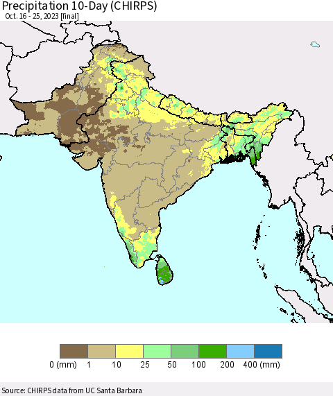 Southern Asia Precipitation 10-Day (CHIRPS) Thematic Map For 10/16/2023 - 10/25/2023