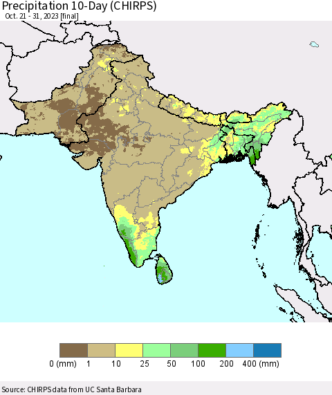 Southern Asia Precipitation 10-Day (CHIRPS) Thematic Map For 10/21/2023 - 10/31/2023