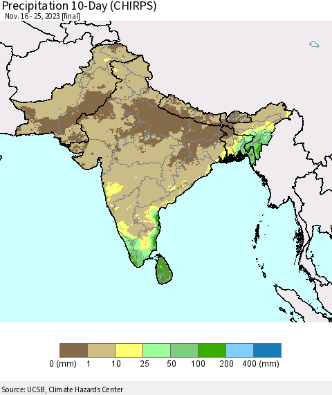 Southern Asia Precipitation 10-Day (CHIRPS) Thematic Map For 11/16/2023 - 11/25/2023