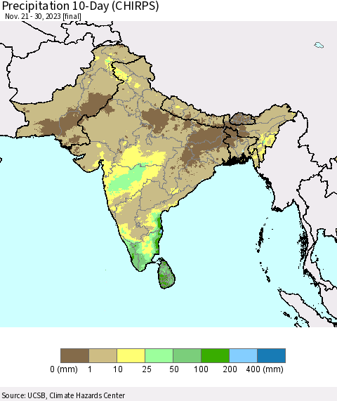 Southern Asia Precipitation 10-Day (CHIRPS) Thematic Map For 11/21/2023 - 11/30/2023