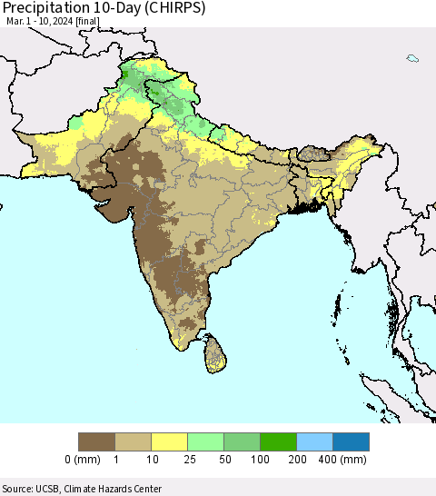Southern Asia Precipitation 10-Day (CHIRPS) Thematic Map For 3/1/2024 - 3/10/2024
