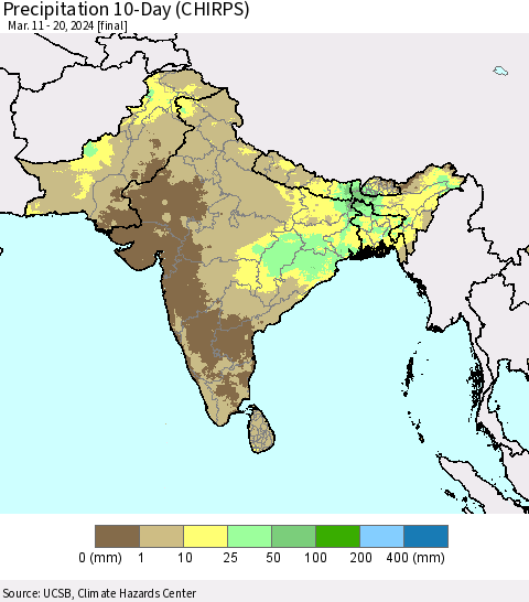 Southern Asia Precipitation 10-Day (CHIRPS) Thematic Map For 3/11/2024 - 3/20/2024