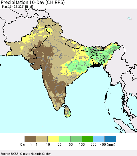 Southern Asia Precipitation 10-Day (CHIRPS) Thematic Map For 3/16/2024 - 3/25/2024
