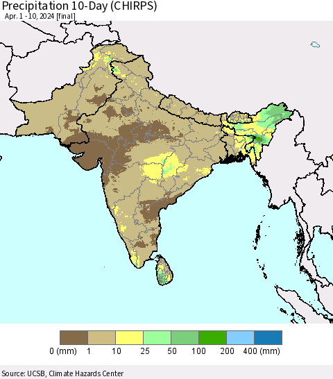 Southern Asia Precipitation 10-Day (CHIRPS) Thematic Map For 4/1/2024 - 4/10/2024