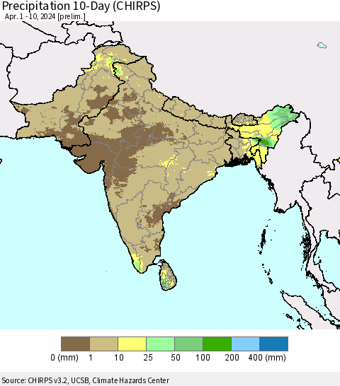 Southern Asia Precipitation 10-Day (CHIRPS) Thematic Map For 4/1/2024 - 4/10/2024