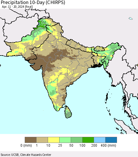 Southern Asia Precipitation 10-Day (CHIRPS) Thematic Map For 4/11/2024 - 4/20/2024