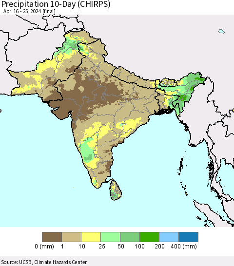 Southern Asia Precipitation 10-Day (CHIRPS) Thematic Map For 4/16/2024 - 4/25/2024