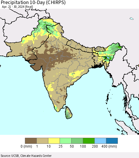 Southern Asia Precipitation 10-Day (CHIRPS) Thematic Map For 4/21/2024 - 4/30/2024